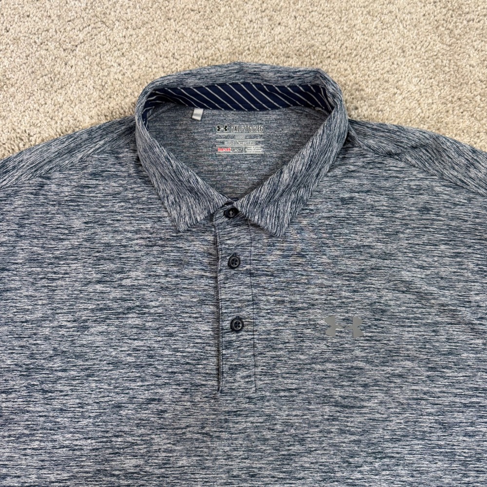 Under Armour Mens HeatGear‎ Polo Shirt 2XL Blue Heathered Loose Fit Short Sleeve